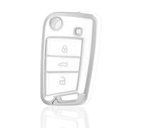 OFF WE GO Autoschlüssel Hülle Schlüssel Hülle Schlüsselhülle Cover für VW Golf 7 Polo Skoda Octavia Tiguan MK7 Jetta Seat Leon Fabia Ibiza Fabia Superb Schlüsselcover Schutz Gehäuse, Weiß Silber