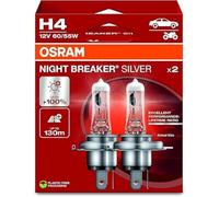 OSRAM Night Breaker Silver H4, 100% mehr Helligkeit, Halogen-Scheinwerferlampe, 64193NBS-2HB, 12V Pkw, Hängebox (2 Lampen)