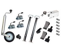 PKW-Anhänger Zubehörset: Stützrad, Stützen 700 mm, Klemmhalter, Keile inkl. Halter, Kastensicherung, Schloss und Adapter inkl. Befestigungsmaterial