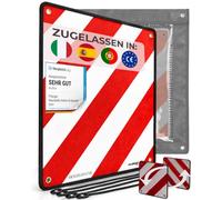 PLANGER® - Warntafel Italien und Spanien u Portugal 3in1 (50 x 50 cm) (Schild + Tasche + Spanner) - Reflektierendes Warnschild rot weiß für Heckträger u Fahrradträger