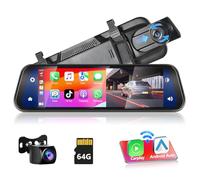 Podofo Spiegel Dashcam mit Wireless Carplay, Android Auto mit HD Rückfahrkamera 9,66 Zoll IPS Touchscreen Dual 1080P Rückspiegel Dashcam Dash Cam Auto, 2 Geteilte Bildschirme, Bluetooth
