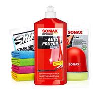 Politurset: SONAX Autopolitur (250ml) Auto Politur Handpolitur Set + Applikator + Mikrofasertücher | mühelos zum perfekten Polierergebnis | 6-teilig