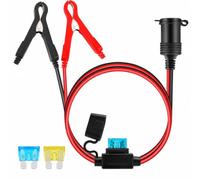 Powice 2M Zigarettenanzünder Buchse mit Batterieklemmen, 12V/24V Krokodilklemmen Adapterkabel 16AWG mit 15A Sicherung, Schutzkappe und Ersatzsicherungen, für Auto Wohnmobil Boot Camping