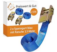 Preiswert&Gut 2 x Spanngurte Fahrradträger 3,5m mit Ratschengurt - blau - Zurrgurte Set 500kg Zurrkraft, 1000kg Bruchkraft - Gepäckspanner für Ladungssicherung aus robustem Polyester