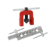 Professionelles Bördelwerkzeug-Set mit sechs austauschbaren Stanzformen für metrische Zollgrößen, um präzise Ausweitungen auf weichem Kupfer-Messing-Aluminiumrohr für Bremsleitungen