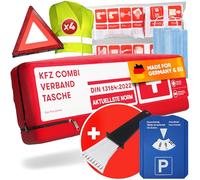 PURAHELP KFZ All-in-One Set - Parkscheibe + Kombitasche + Warnwesten 4er Set + Eiskratzer - Auto Zubehör Must Haves Verbandskasten Auto Warndreieck Erste Hilfe Set