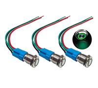 QitinDasen 3Pcs Premium 12mm Momentan Druckschalter, 12V/24V 3A Auto Zündungs Startschalter, Grün LED Licht IP66 Wasserdichter Metall Drucktaster Schalter, mit Steckdosendraht und Gummi Ring