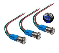 QitinDasen 3Pcs Premium 12V / 24V 3A Momentan Druckschalter, 12mm Auto Zündungs Startschalter, Blaues LED Licht Edelstahl IP66 Wasserdichter Schalter mit Steckdosendraht