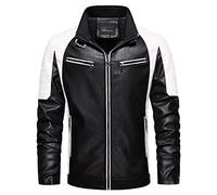 RGVV Motorrad Lederjacke Herren, Punk Bomberjacke Herren Vintage Schwarz Weiß Motorradjacken Lässig Herbst Pu Lederjacke Windjacke Mit Tasche Für Indoor Outdoor Sport,S