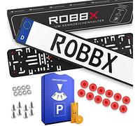 ROBBX® 2X Rahmenlose Auto Kennzeichenhalter | Vibrationsdämpfer für Lackschutz | 5 in1 Parkscheibe | Befestigungskit | Nummernschildhalter werbefrei