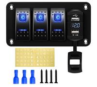 Rupse 12V 24VDC Schalter Panel, 3 Toggle Switch Aluminium Panel mit 4.8A Dual USB Ladebuchse+ Voltmeter Display, IP65 Wasserdichte EIN/AUS Kippschalter für Autos Boote Rvs LKWs Wohnmobi
