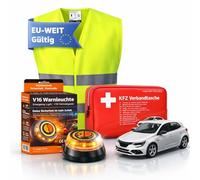 Safeglow® Warnleuchte V16 EU Notlicht IDIADA Zulassung Nr. PC21020060 - Warndreieck - Warnweste & Verbandskasten - Pannendreieck - für Auto & Motorrad (3 in 1 KFZ Set)