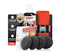 Shiny Freaks Lederpflege Set: SONAX LederPflegeLotion (250ml) + 4 Applikatoren + Scrub Pad + Mikrofasertuch 40×40 | gleichmäßiger Auftrag, saubere Nacharbeit und gepflegtes Finish | 7-teilig