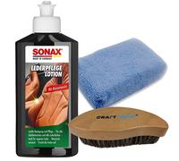 SONAX 250ml LederPflegeLotion + Microfaser Applikator + Lederbürste Set Auto Kfz