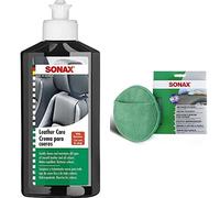 SONAX 291141 Leder-Pflege-Lotion, 250 ml & MicrofaserPflegePad (1 Stück) für gleichmäßiges Auftragen von Kunststoffpflegemitteln im Innenraum und EIN gründliches Ergebnis | Art-Nr. 04172000