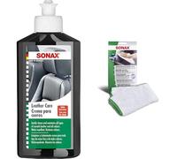 SONAX 291141 Leder-Pflege-Lotion, 250 ml & Microfasertuch für Polster, Textil und Leder zur fusselfreien Fahrzeuginnenreinigung (40x40 cm), bei 60°C waschbar | Art-Nr. 04168000