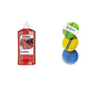Sonax 300 200 Auto Politur 500ml & Glart 43PP Mikrofaser Handpolierschwamm 3er Set, 130x25 mm, Wax Applikator Pad für Wachse, Polituren, Lackreiniger, Autopolitur, statt Poliermaschine, Blau/Grün/Gelb