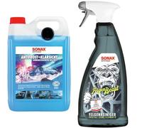 SONAX AntiFrost+KlarSicht Gebrauchsfertig bis -20°C (5 Liter) & FelgenBeast (1 Liter) Felgenreiniger für alle polierten, verchromten und matten Stahl- & Leichtmetallfelgen | Art-Nr. 04333000