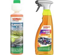 SONAX KlarSicht 1:100 Konzentrat (250 ml) Scheibenwischwasser Konzentrat & CockpitStar (750 ml) Cockpitreiniger reinigt und pflegt alle Kunststoffteile im Auto