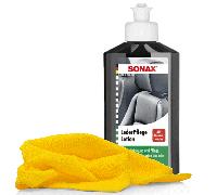 SONAX Lederpflegelotion 250 ml + Premium Mikrofasertuch 320 GSM 40x40cm yellow