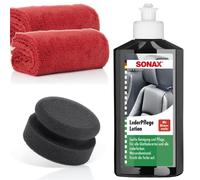 SONAX Lederpflegelotion 250ml + Handpolierschwamm D 90 + Mikrofasertuch 550 GSM