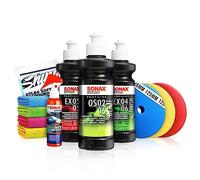 SONAX PROFILINE Auto Politur Set: FS 05-04 + SP 06-02 + NP 03-06 + 3X Royal Pads AIR für 125mm Stützteller+ ChemicaWorkz Edgeless Soft Touch Premium Mikrofaser Poliertuch 500GSM | 7-teiliges Sparset