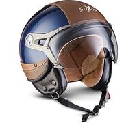 Soxon® SP-325 Urban „Blue“ · Jet-Helm · Motorrad-Helm Roller-Helm Scooter-Helm Moped Mofa-Helm Chopper Retro Vespa Vintage Pilot · ECE 22.05 Visier Leather-Design Schnellverschluss Tasche XS (53-54cm)