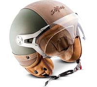 Soxon® SP-325 Urban „Green“ · Jet-Helm · Motorrad-Helm Roller-Helm Scooter-Helm Moped Mofa-Helm Chopper Retro Vespa Vintage · ECE 22.05 Visier Leather-Design Schnellverschluss Tasche XL (61-62cm)