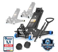 STAHLWERK Wagenheber 3 t hydraulisch & extra flach mit 73-500 mm Hubbereich | Silent-Gummirollen (blau) Edelstahl-Doppelzylinder, Rangierwagenheber, Hydraulik-Wagenheber für Auto, SUV & Sportwagen