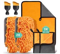 STRHAGO 7 Stück Autopflege Set mit 3 Stück Mikrofasertücher Auto,2Pcs Mikrofaser Waschhandschuh &2er Auto Innenreinigung Weiche Bürsten,600GSM Auto Trockentuch für Haushalts Autowäsche Trocknen
