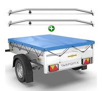 Tarpofix® Anhänger Plane 211x116 cm + 2X Planenbügel | PVC PLANENMATERIAL Anhängerplane | Verstärkte Humbaur Plane für 750 kg PKW Hänger | Anhänger Zubehör Abdeckplane + Flachplanenbügel | Blau