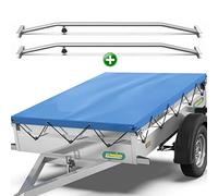 Tarpofix® Anhänger Plane 217 x 117 cm + 2x Planenbügel | Anhängerplane Flachplane aus PVC PLANENMATERIAL | Verstärkte Unsinn Anhänger Plane für 750kg PKW Hänger | Abdeckplane + Flachplanenbügel | Blau