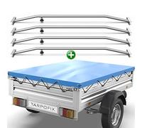 Tarpofix® Anhänger Plane 2575x1345mm + 4X Planenbügel | 1300kg PKW Hänger | Flachplane aus PVC PLANENMATERIAL | Verstärkte Stema Anhängerplane | Anhänger Zubehör Plane + Flachplanenbügel