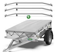 Tarpofix® Anhängerplane 217 x 117 cm + 3x Planenbügel | Anhänger Plane Flachplane aus PVC PLANENMATERIAL | Verstärkte Unsinn Anhänger Plane für 750kg PKW Hänger | Abdeckplane + Flachplanenbügel | Grau