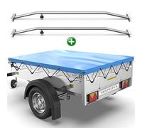 Tarpofix® Anhängerplane 258x136 cm + 2X Planenbügel | PVC PLANENMATERIAL Flachplane | Verstärkte Humbaur Anhänger Plane für 1300kg PKW Hänger | Anhänger Zubehör Abdeckplane + Flachplanenbügel | Blau