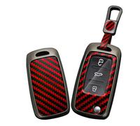 TECART Klapp Autoschlüssel Hülle Cover Passt für VW Caddy Jetta Bora Beetle EOS Golf 4 5 6 Polo Passat 3BG 3B Scirocco Touran PVC Schlüsselanhänger Keyless Go Schutz 3 Taste Kohlefaser B Rot