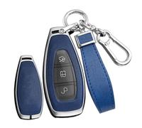 TECART SMART Autoschlüssel Hülle cover Passt für Ford Fiesta IV Focus III Galaxy Fusion Mondeo IV B-Max C-Max II S-Max Ledermuster Schutzhülle Schlüsselcover Zubehör Schlüssel B 3 Taste Silber Blau