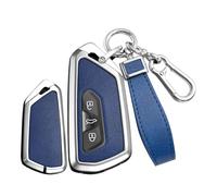 TECART Smart Autoschlüssel Hülle Cover Passt für VW Volkswagen Golf 8 MK8 MK7 ID.3 ID.4 ID.5 Cupra Formentor Seat Leon für Skoda Octavia Leder Schlüsselcover Zubehör Schlüssel B 3 Taste Silber Blau