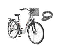 TELEFUNKEN E-Bike Elektrofahrrad Alu 28 Zoll mit 7-Gang Shimano Kettenschaltung, Pedelec Citybike leicht mit Fahrradkorb und Fahrradschloss, Frontmotor, 374,4 Wh Akku, max. 100 km Reichweite