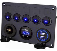 Thlevel Schalter Panel 5 Gang Kippschalter mit 5V 4.2A Dual USB Ladegerät wasserdichte LED Spannungsmesser Zigarettenanzünder Buchse für 12V bis 24V Marine Boot Wohnmobil Auto LKW Baufahrzeug