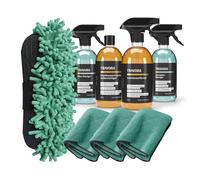 TRAVORA Premium Camper & Caravan Reinigungsset - 6-teiliges Reinigungsset inkl. Bio-Außenreiniger Konzentrat, Insektenentferner, Glasreiniger, Acrylglas Reiniger, Schwamm, 3x Microfasertuch
