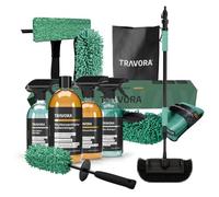TRAVORA Premium Caravan- und Camper Reinigungsset - 11-teiliges Reinigungsset inkl. Bio Caravan Reiniger, Teleskop Waschbürste Wohnmobil, Brush Cover, Felgenbürste, Schwamm, Tuch, Wischer & Tasche