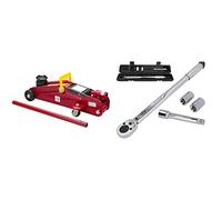 UNITEC Rangierwagenheber, Hydraulik 2 T Tragkraft, für Werkstatt und Hobby & Drehmomentschlüssel, Einstellbar von 40 bis 210 Nm, Antrieb 1/2" Vierkant, mit Stecknüssen 17/19 mm und Verlängerung