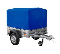 Tieflader Garden Trailer 150 KIPP 150x106 cm [mit blauer Hochplane, Hochspriegel und Stützrad]