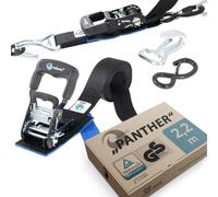 valonic PANTHER - 2x Motorrad Spanngurte mit Haken, 2,25m, blaue Fahne, 38mm, mit Polster, 650/1300 Kg, TÜV Rheinl. / GS zertifiziert, EN 12195-2 - sehr kurzer Spannweg, Motorradhalterung für Anhänger