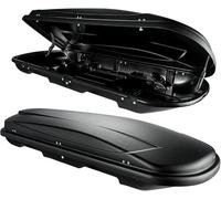 VDP Dachbox schwarz Juxt 400 Dachkoffer 400 Liter abschließbar + Alu-Relingträger schwarz aufliegende Reling kompatibel mit Seat kompatibel mit Leon III ST ab 2012