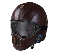 Vintage Motorrad Integralhelm Mit Bluetooth Leder Full Face Helm Mit Brille Sturz Vollvisierhelm ECEDOT Zertifiziert Mit Lautsprecher Und Mikrofon Motorradhelm Integralhelme F,L:59-60CM