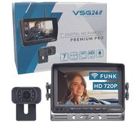 VSG24 7“ Funk Rückfahrsystem Premium PRO HD für Wohnmobil, Pferdeanhänger PKW, KFZ Set kabellos, Rückfahrkamera + Monitor, Nummernschild Kamera Nachrüsten 12V-24V, digital, Auto Rückspiegel