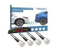 VSG24 Premium Einparkhilfe VORNE mit Display zum nachrüsten am Auto, PDC Parksensoren hinten mit Stecksystem für einfachste Montage - 4 Rückfahrwarner Sensoren Parkhilfe Nachrüstsatz Weiß