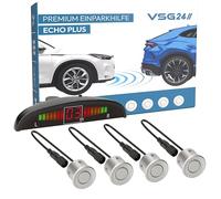 VSG24 Premium Einparkhilfe VORNE mit Display zum nachrüsten am Auto, PDC Parksensoren hinten mit Stecksystem für einfachste Montage - 4 Rückfahrwarner Sensoren Parkhilfe Nachrüstsatz Silber